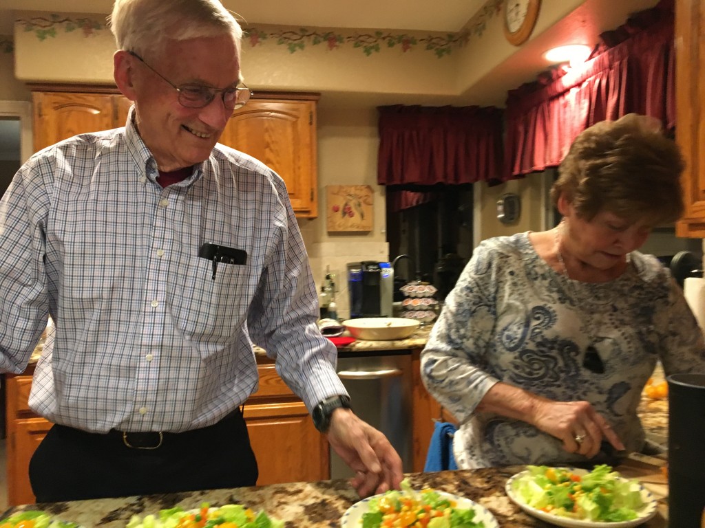 Al & Dottie making salads for us to enjoy along with an amazing WFPB dinner that Dottie made. Nutmeg Notebook